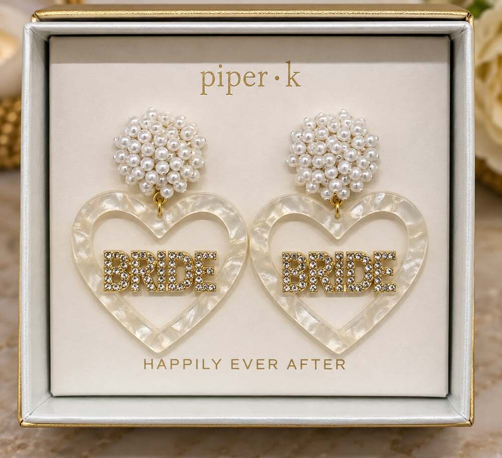 Piper K Rhinestone BRIDE Beaded Heart Dangle Drop Earrings Faux MOP Wedding NWT